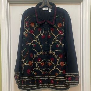 Units - silk blend black jacket with floral crewel embroidery - size XL